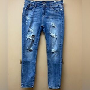 Judy Blue Distressed Skinny Jeans Mid-Rise Blue Stretch Denim 15/32 Ankle Length